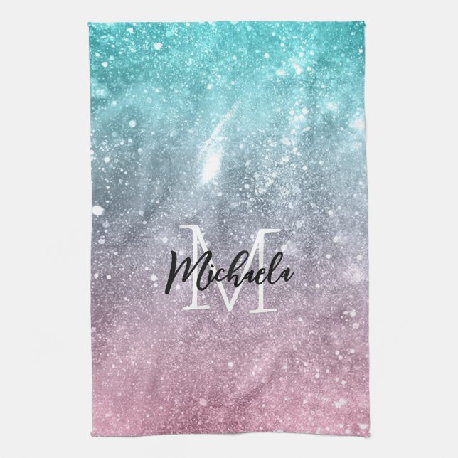 Aqua blue Pink ombre sea galaxy abstract Monogram Tea Towel (Vertical)