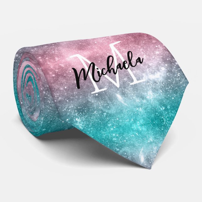 Aqua blue Pink ombre sea galaxy abstract Monogram Tie (Rolled)