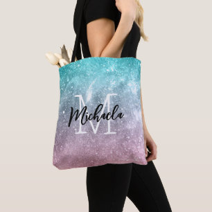 Aqua blue Pink ombre sea galaxy abstract Monogram Tote Bag