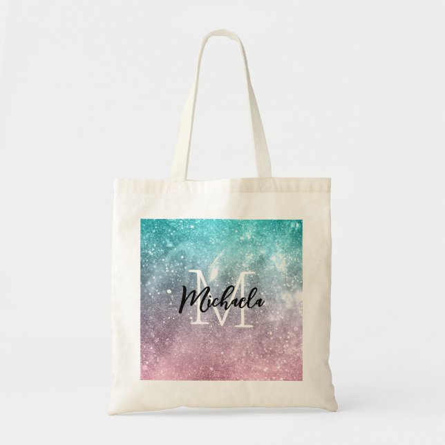Aqua blue Pink ombre sea galaxy abstract Monogram Tote Bag (Front)