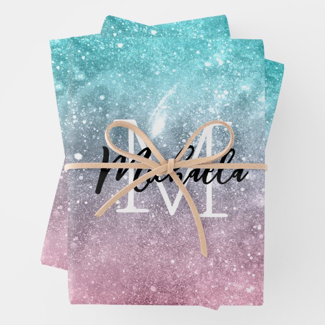Aqua blue Pink ombre sea galaxy abstract Monogram Wrapping Paper Sheet (In situ)