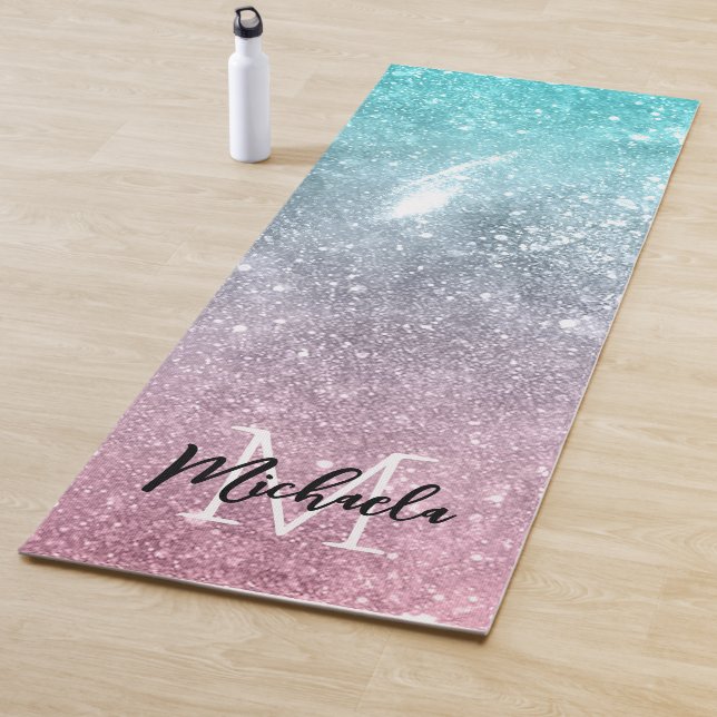 Aqua blue Pink ombre sea galaxy abstract Monogram Yoga Mat (In Situ)
