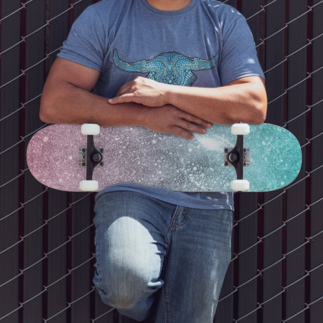 Aqua blue Pink ombre sea galaxy abstract Skateboard (Outdoor 3)