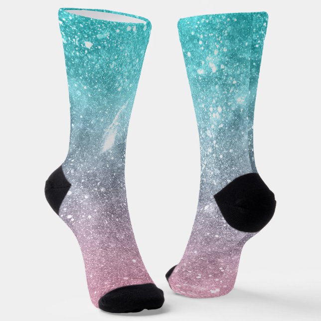 Aqua blue Pink ombre sea galaxy abstract Socks (Angled)