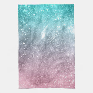 Aqua blue Pink ombre sea galaxy abstract Tea Towel