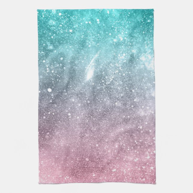 Aqua blue Pink ombre sea galaxy abstract Tea Towel (Vertical)