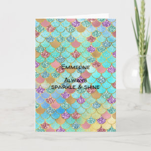 Aqua Blue Pink Purple Gold Glitter Mermaid Card