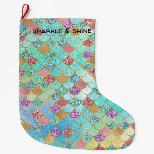 Aqua Blue Pink Purple Gold Glitter Mermaid Large Christmas Stocking