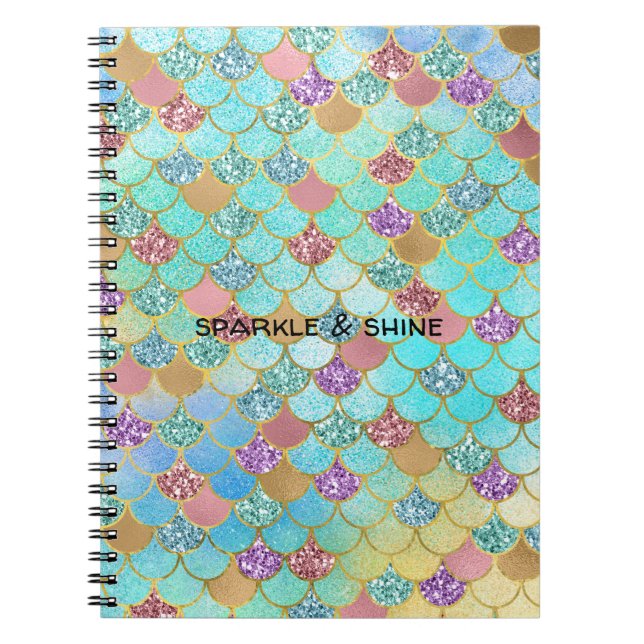Aqua Blue Pink Purple Gold Glitter Mermaid Notebook (Front)