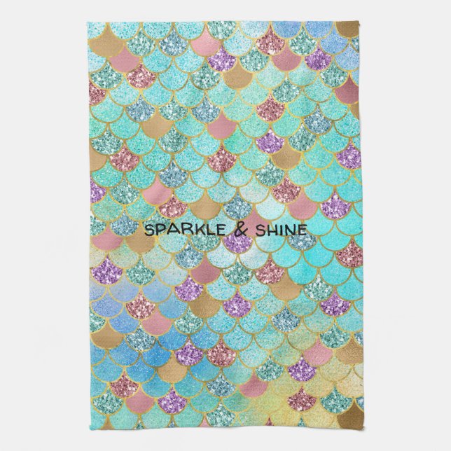 Aqua Blue Pink Purple Gold Glitter Mermaid Tea Towel (Vertical)