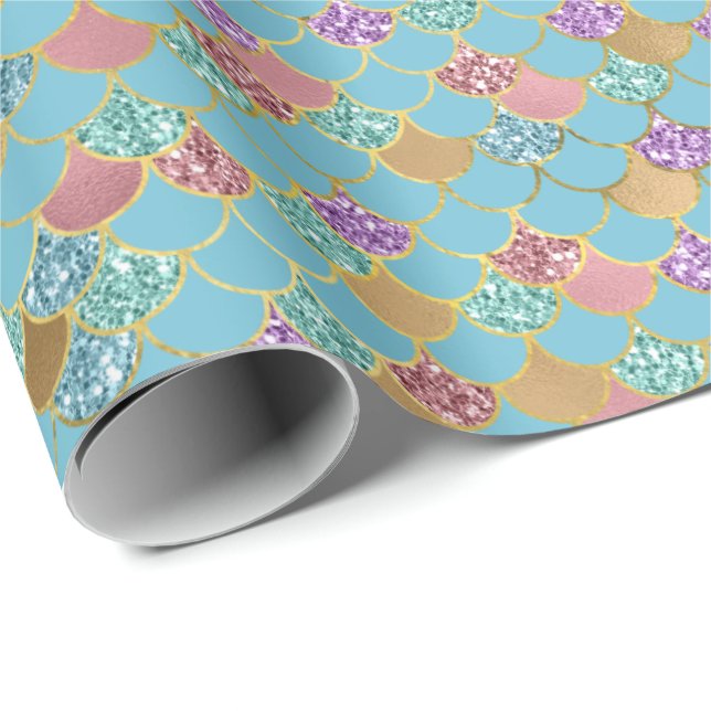 Aqua Blue Pink Purple Gold Glitter Mermaid Wrapping Paper (Roll Corner)