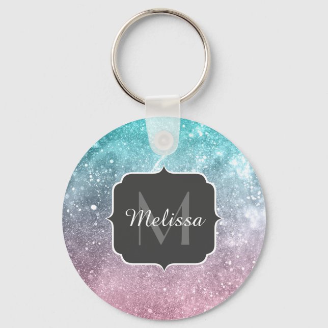 Aqua blue Pink sea galaxy abstract Monogram Key Ring (Front)