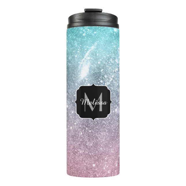 Aqua blue Pink sea galaxy abstract Monogram Thermal Tumbler (Front)