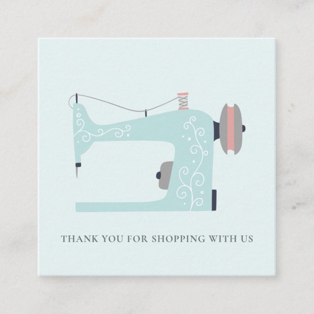 AQUA BLUE PINK SEWING MACHINE THANK YOU SHOPPING SQUARE BUSINESS CARD (Front)