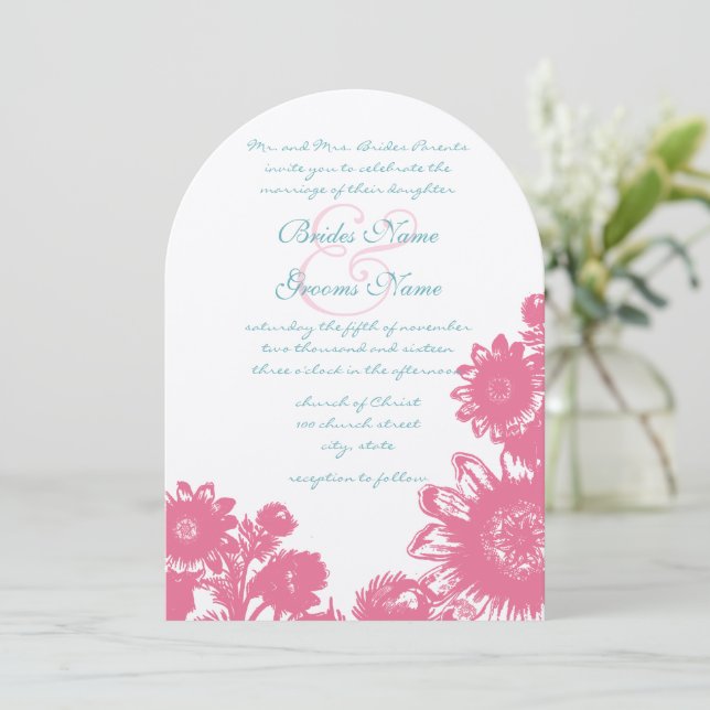 Aqua Blue & Pink Vintage Flower Wedding Invitation (Standing Front)
