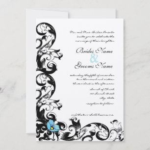 Aqua Blue Poppy Floral Swirl Wedding Invitation