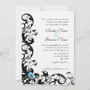 Aqua Blue Poppy Floral Swirl Wedding Invitation