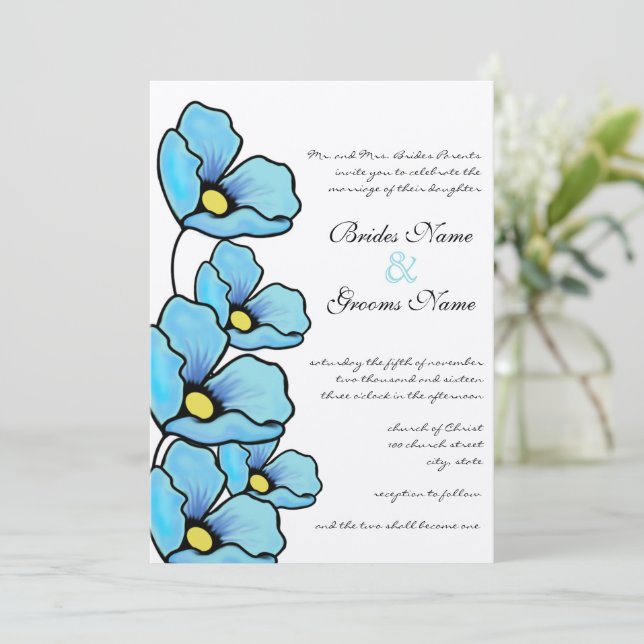 Aqua Blue Poppy Flowers Wedding Invitation (Standing Front)