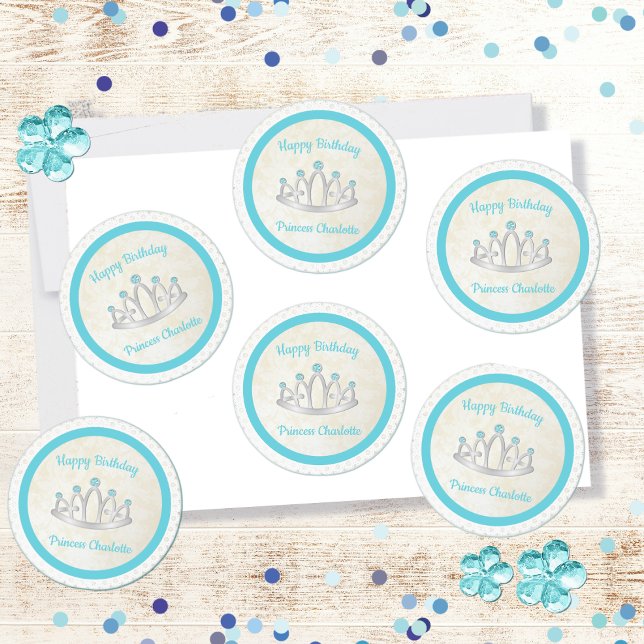 Aqua Blue Princess Tiara Birthday Party Stickers (Creator Uploaded)
