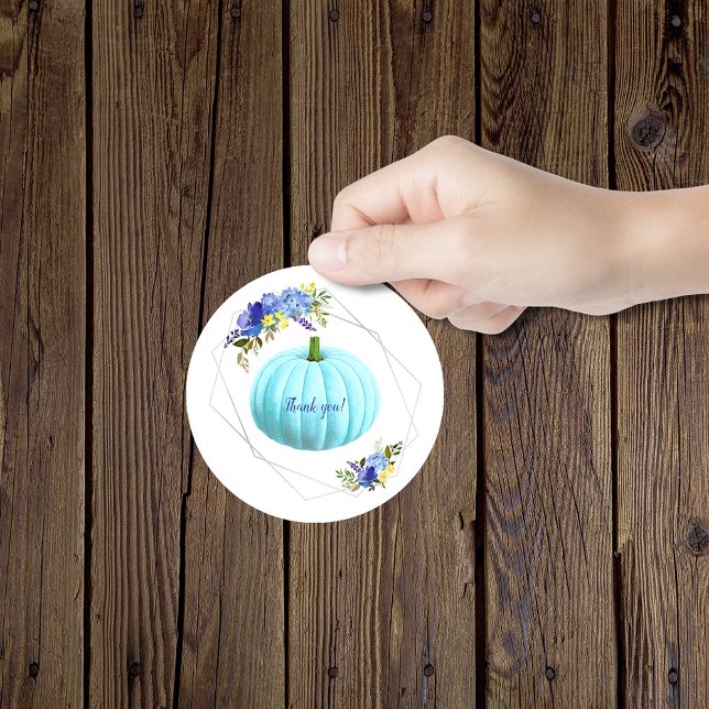 Aqua Blue Pumpkin Baby Shower Thank You Classic Round Sticker (Creator Uploaded)