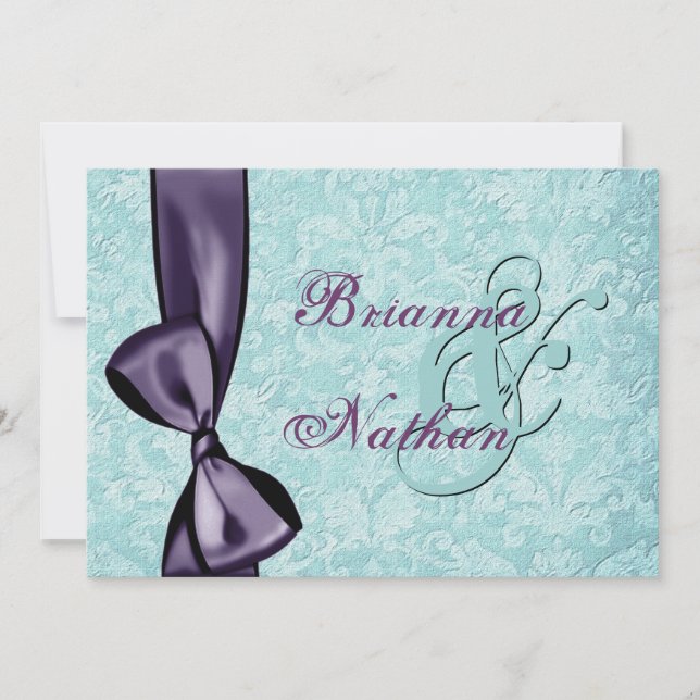 Aqua Blue Purple Damask Bow Wedding Invitation (Front)