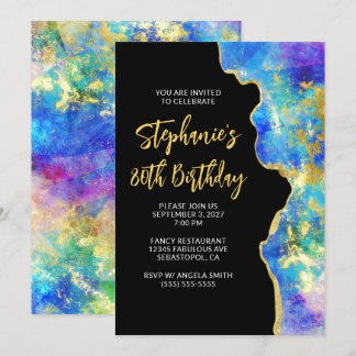 Aqua Blue Purple Fire Opal Gold Glam 80th Birthday Invitation