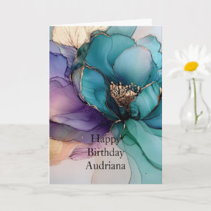 Aqua Blue Purple Gold Floral Birthday Card