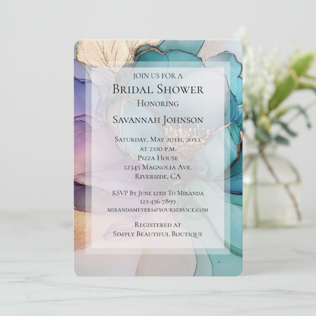Aqua Blue Purple Gold Floral Bridal Shower II Invitation (Standing Front)