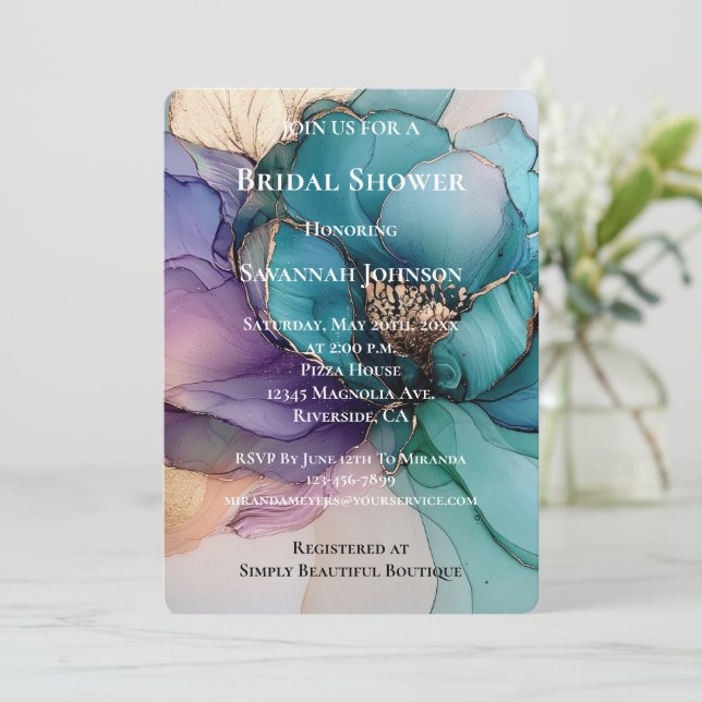 Aqua Blue Purple Gold Floral Bridal Shower Invitation (Standing Front)