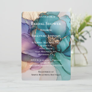 Aqua Blue Purple Gold Floral Bridal Shower Invitation