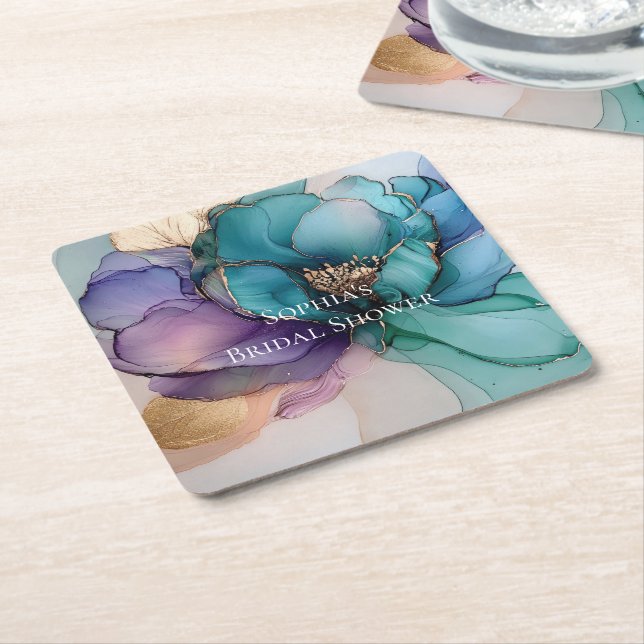 Aqua Blue Purple Gold Floral Bridal Shower Square Paper Coaster (Angled)