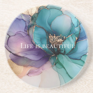 Aqua Blue Purple Gold Floral  Coaster