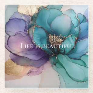 Aqua Blue Purple Gold Floral Glass Coaster