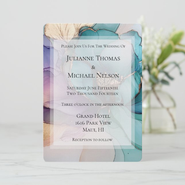 Aqua Blue Purple Gold Floral Wedding Invitation (Standing Front)