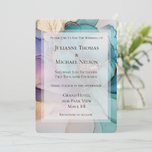 Aqua Blue Purple Gold Floral Wedding Invitation