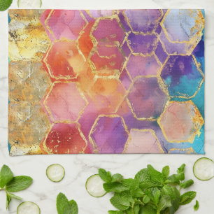 Aqua Blue Purple Green Pink Gold Honeycomb Tea Towel