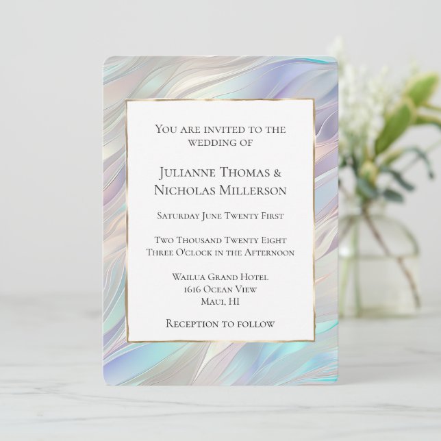 Aqua Blue Purple Pearl White Wedding Invitation (Standing Front)
