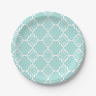 Aqua Blue Quatrefoil Geometric Pattern Paper Plate