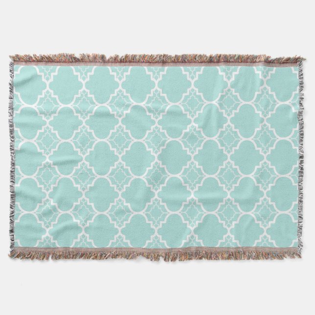 Aqua Blue Quatrefoil Geometric Pattern Throw Blanket (Front)