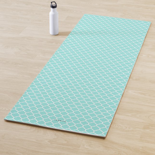 Aqua Blue Quatrefoil Pattern Personalised Yoga Mat (In Situ)