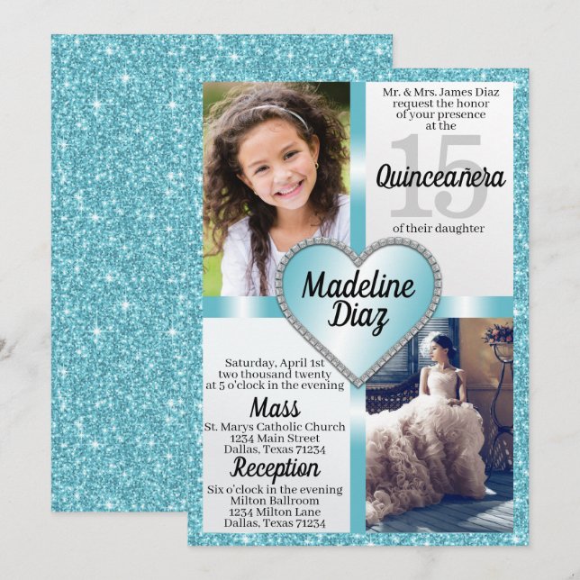 Aqua Blue Quinceañera Invitation 15 Cumpleaños (Front/Back)