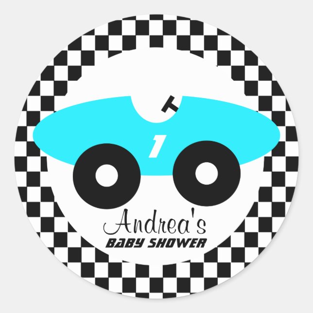 Aqua Blue Race Car Baby Shower Classic Round Sticker (Front)