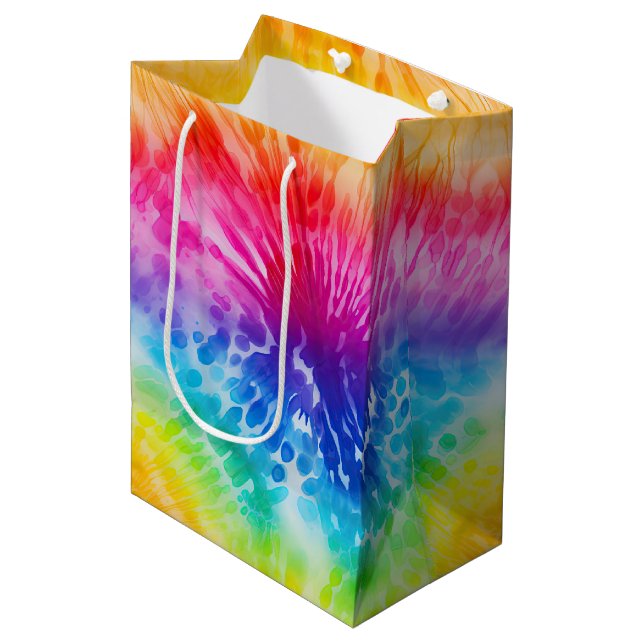 Aqua Blue Red Yellow Orange Tie Dye Birthday Medium Gift Bag (Front Angled)