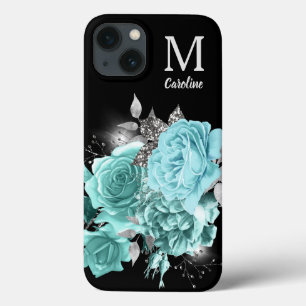 Aqua Blue Rose Silver Sparkle Bouquet Monogram  iPhone 13 Case