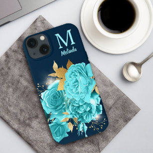 Aqua Blue Rose Sparkle Bouquet Monogram Case-Mate  Case-Mate iPhone Case