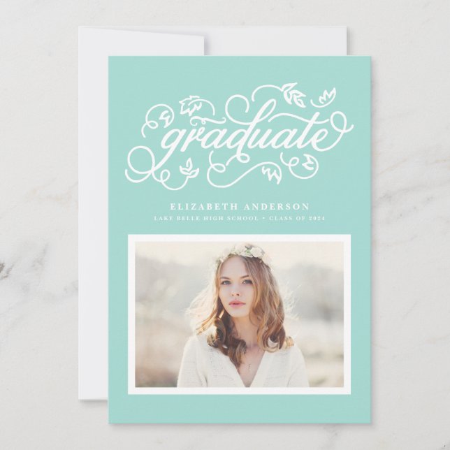 Aqua Blue Rustic Calligraphy Photo Graduation Invitation (Front)
