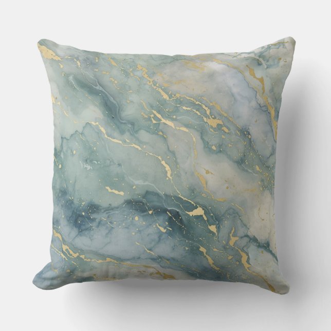 Aqua Blue Sage Green Gold Abstract Print Cushion (Front)
