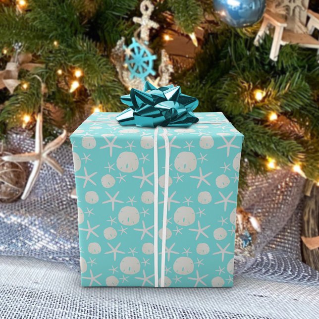 Aqua Blue Sand Dollar Starfish Pattern Wrapping Paper (Creator Uploaded)