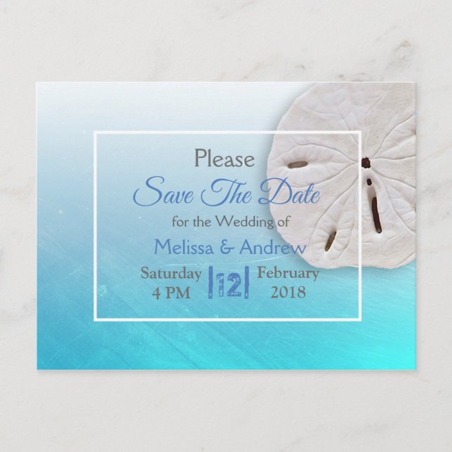 Aqua Blue Sand Dollar Themed Wedding Save the Date Announcement Postcard (Front)
