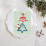 Aqua Blue Santa Claus Christmas Tree Holiday Card<br><div class="desc">Red typography wishing you a very Merry Christmas with retro,  abstract aqua background. Some white star shapes in background.  Santa Claus holds on to a candy cane in his right hand and holding onto a blue cut-out Christmas tree.</div>